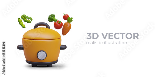 Realistic slow cooker, fresh vegetables. Electrical equipment for cooking at home. Modern kitchen equipment. Realistic vector concept. Healthy Eating ads