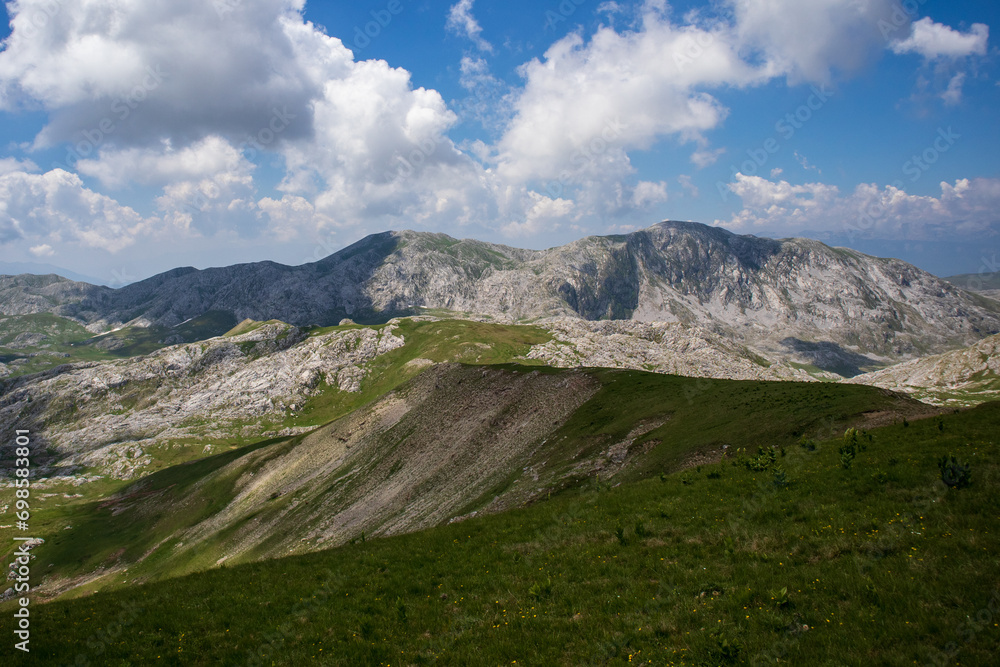 Panoramic view of rugged mountains.
