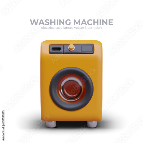 Home appliance. Modern machine for washing clothes. Concept of laundry electrical equipment. Vector illustration in 3d style with place for text and white background