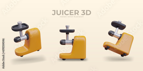 Realistic juicer in different positions. Poster with home appliance with yellow background and place for text. Juice production concept. Vector illustration in 3d style