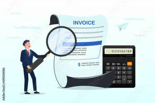 Businessman holding magnifier on invoice document, invoice, bill or total amount to pay for service, charge for price calculation or finance payment system, accounting, quotation and receipt (Vector)