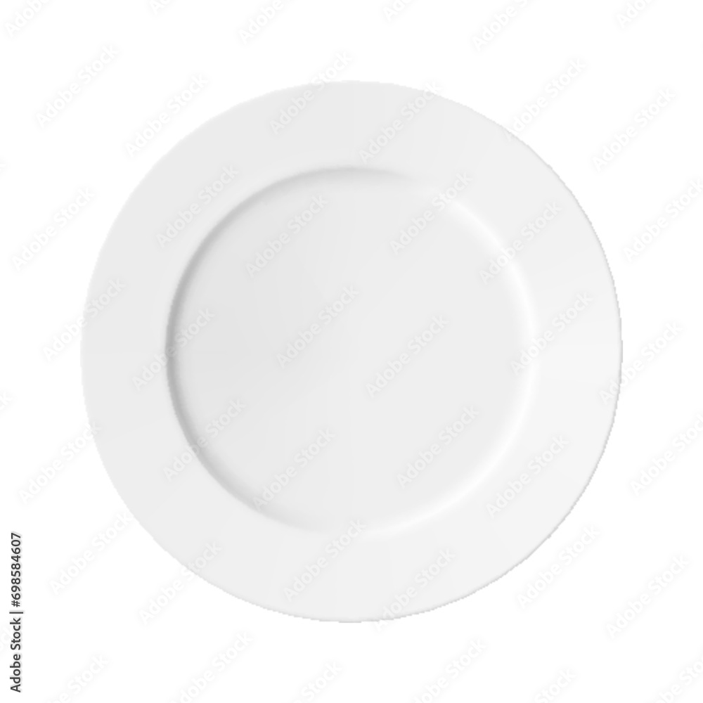 Classic white ceramic or glass plate, isolated on a white background. Top view. White kitchen utensils for eating, Illustration for your projects. Realistic 3D vector illustration Classic white ceramic or glass plate, isolated on a white background. Top view. White kitchen utensils for eating, Illustration for your projects. Realistic 3D vector illustration
