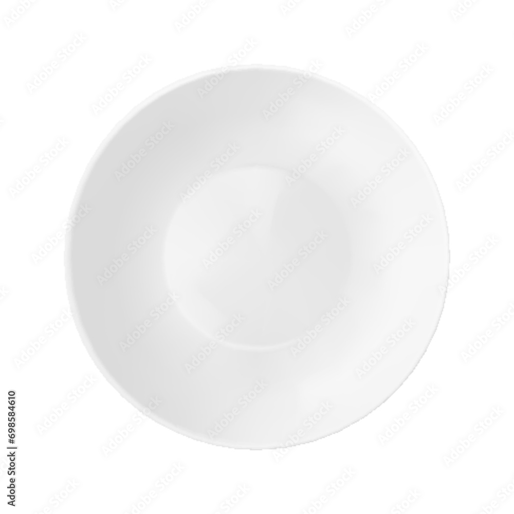 Classic white ceramic or glass plate, isolated on a white background. Top view. White kitchen utensils for eating, Illustration for your projects. Realistic 3D vector illustration Classic white ceramic or glass plate, isolated on a white background. Top view. White kitchen utensils for eating, Illustration for your projects. Realistic 3D vector illustration