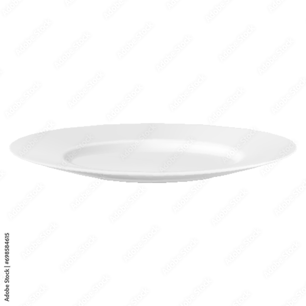 Classic white ceramic or glass plate, isolated on a white background. Side view. White kitchen utensils for eating, Illustration for your projects. Realistic 3D vector illustration Classic white ceramic or glass plate, isolated on a white background. Side view. White kitchen utensils for eating, Illustration for your projects. Realistic 3D vector illustration