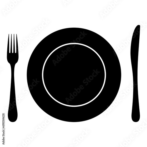 Cutlery icon. Plate fork and knife isolated on white background. Flat design, vector silhouette