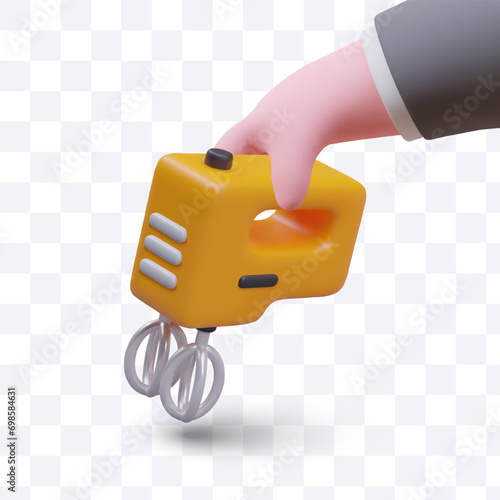 Realistic hand holds mixer. Color isolated composition. Template for store of kitchen appliances. Illustration for cooking classes, blogs. Food preparation process