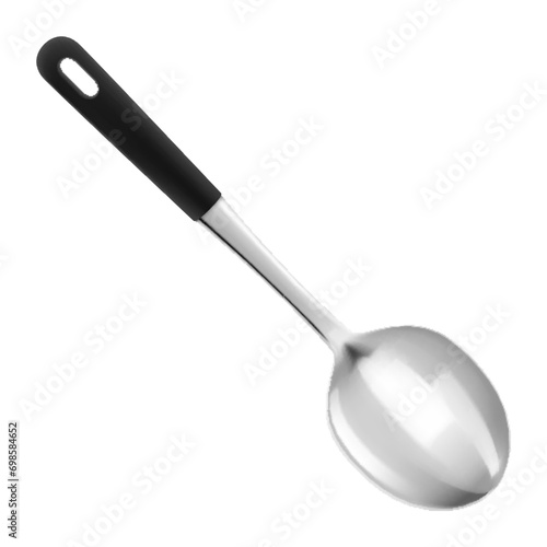 Big metal spoon with black handle, isolated on white background. Realistic 3D vector illustration. Kitchen utensils for for cooking, tableware.