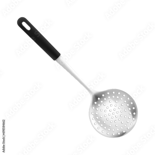 Stainless Steel Round Kitchen Skimmer or Skimmer Spoon Isolated on White Background, Skimming Ladle with black handle. Realistic 3D vector illustration. Kitchen utensils for cooking, tableware