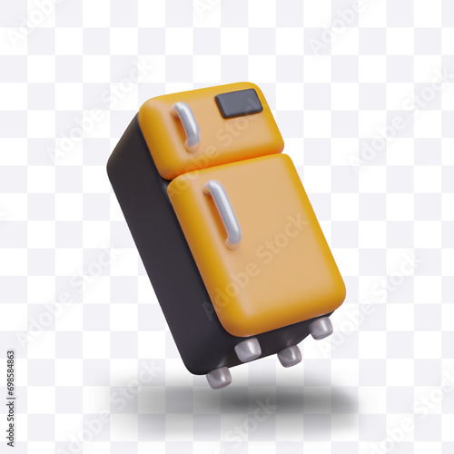 Realistic fridge in inclined position. Isolated vector illustration. Template for dynamic design with floating objects. Yellow refrigerator with top freezer. Modern kitchen appliances