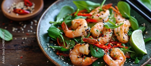 Healthy Asian shrimp stir-fry on a sesame-lime plate, perfect for text.