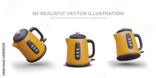 Yellow electric kettle in different positions. Device for heating water. Concept of making hot drinks. Home and office kitchen equipment. Image with shadows