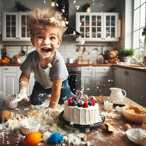 a playful hyperactive cute white toddler boy misbehaving and making a huge mess in a kitchen, throwing around cake and food at a birthday party celebration.

 photo