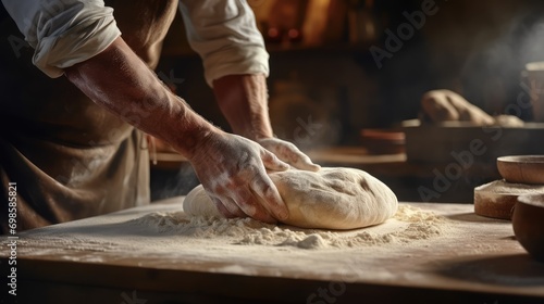 Chef hands kneading dough. AI generated. photo