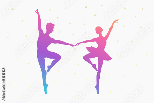 Silhouette of couple dancing ballet. Girl ballerina and boy dancer. Vector illustration.