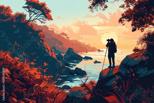 A person taking photographs in a scenic location, contemporary digital art with a flat design aesthetic, with bold color contrasts, simplified shapes, and clean lines