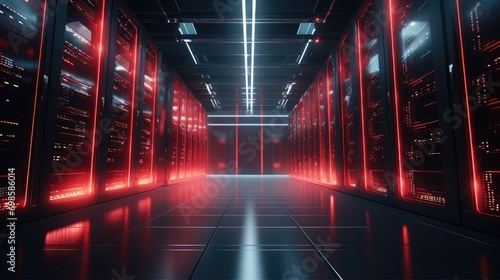 Big data center with red lights. AI generated. © Viktor