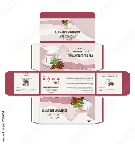 Cinnamon herbal tea box packaging template elegant tea cup leaf decor