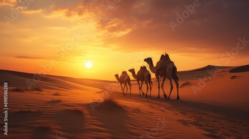Camel in the desert on sunset background. AI generated. photo