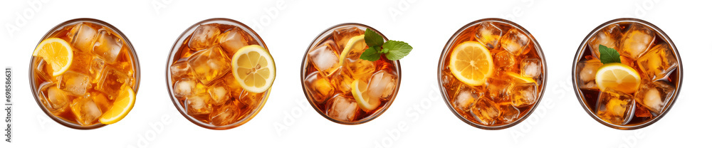 Collection of a glass of iced lemon tea isolated on a transparent background, top view - obrazy, fototapety, plakaty 