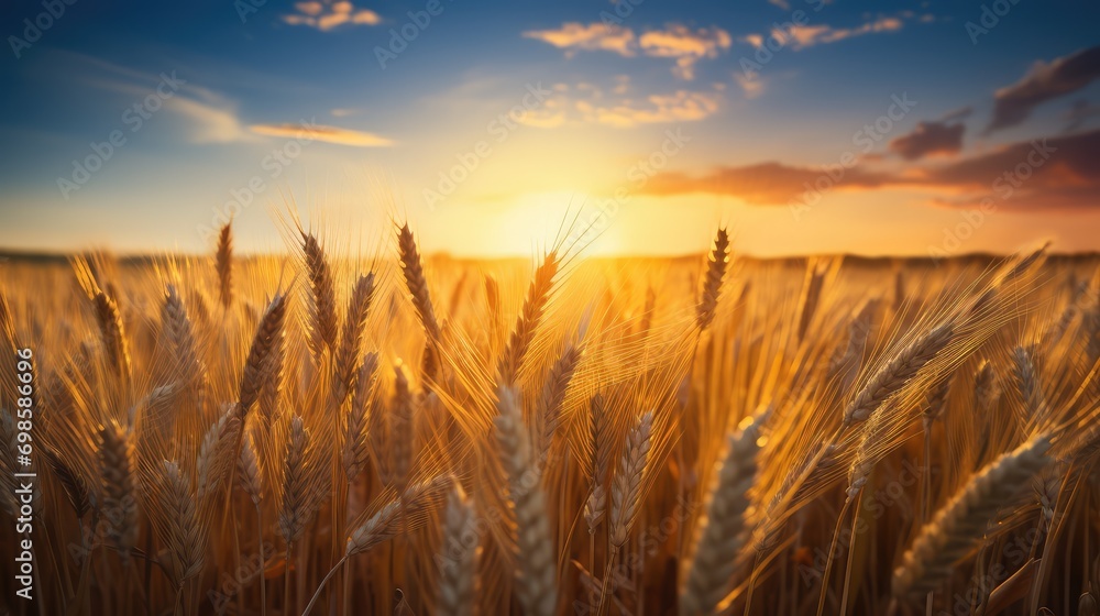 Golden wheat ears field on sunset background. AI generated. Golden wheat ears field on sunset background. AI generated.