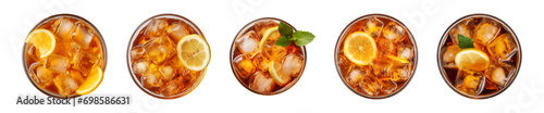 Collection of a glass of iced lemon tea isolated on a transparent background, top view