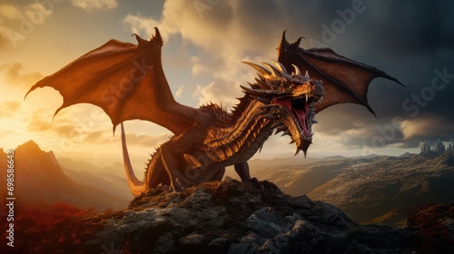 Big winged dragon on a beautiful landscape. AI generated. © Viktor