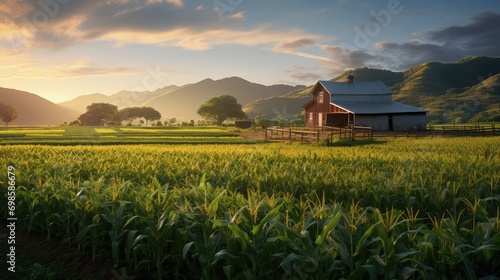 Beautiful barn on farm with corn field. AI generated.