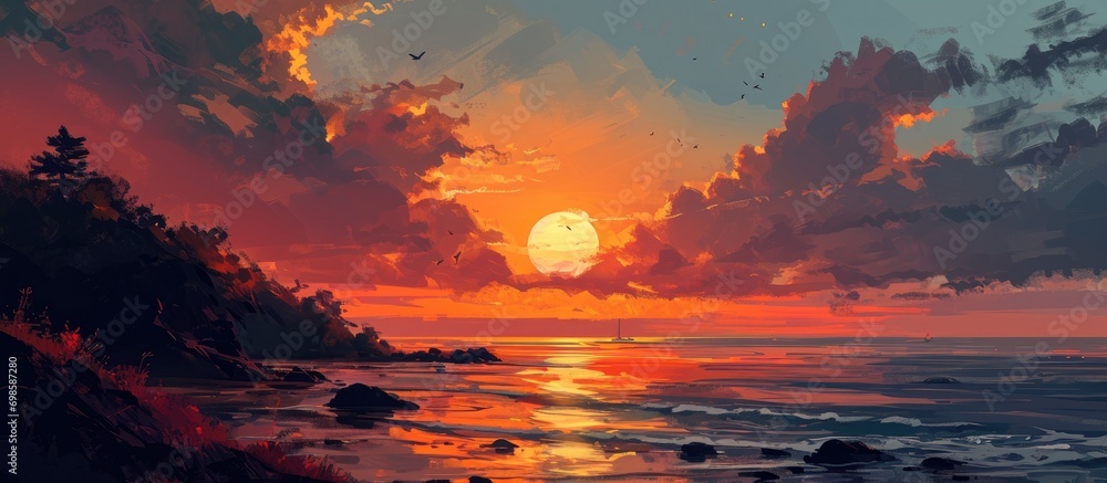 Sunset silhouette in a sky-sea landscape.