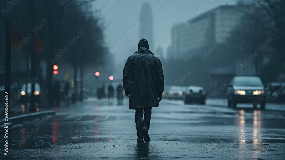 Obraz premium A lonely person walking in city in rainy weather. AI generated.