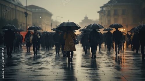 People walk with black umbrellas in rainy weather. AI generated.