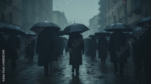 Crowd walk with umbrellas. AI generated.