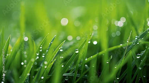Macro photo of green grass with raindrops. AI generated.