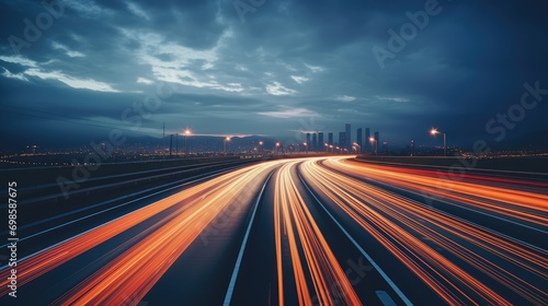 Timelapse on the highway. Light trails. AI generated.