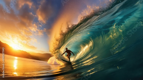 Bright photo of a surfing man with a beautiful sunset. AI generated. photo