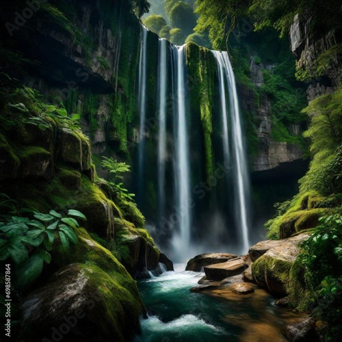 nature   beautiful  waterfall green forest