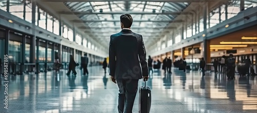 Businessman at airport presumably during business trip or travel. Dressed in professional suit and carries suitcase suggesting journey for work purposes