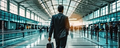 Businessman at airport presumably during business trip or travel. Dressed in professional suit and carries suitcase suggesting journey for work purposes