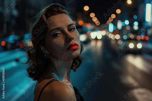 beautiful femme fatale woman with red lips in cinematic film noir style  copy space on blurred night city lights
