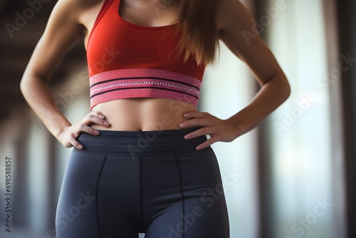 Midsection of a slim healthy body of a lady in exercise clothes, slim abs, six pack 