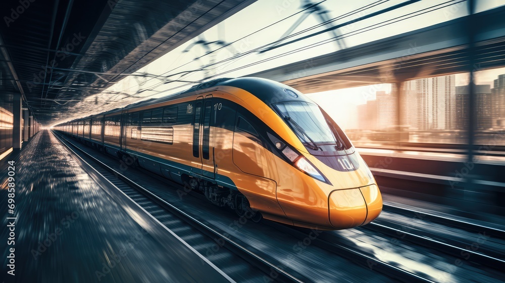 Modern speed train in motion. AI generated. - obrazy, fototapety, plakaty 