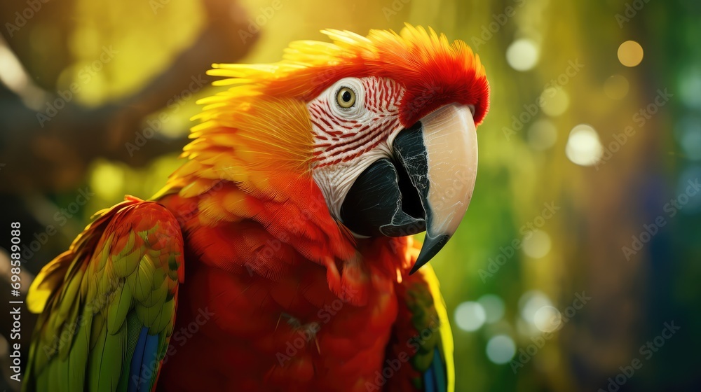 Close-up photo of bright parrot. AI generated.
