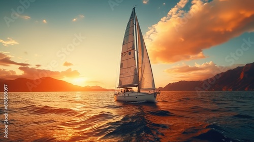 Sailboat on bright sunset background. AI generated.
