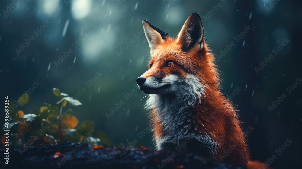 Red fox in a misty forest. AI generated.