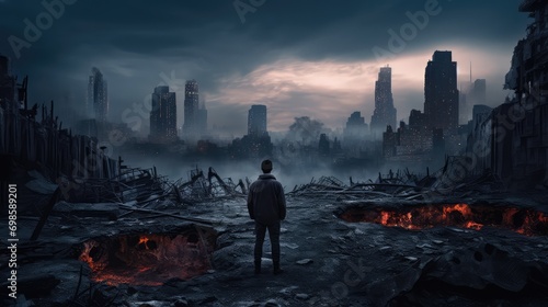 Post apocalyptic abandoned city in ruins. Lonely person silhouette. AI generated. photo