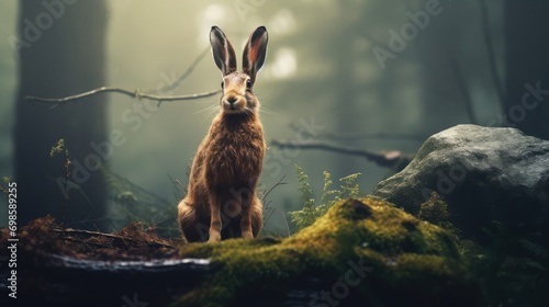A wild jackrabbit in the autumn forest. AI generated. © Viktor