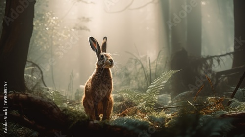 A beautiful jackrabbit in the wild forest. AI generated. photo