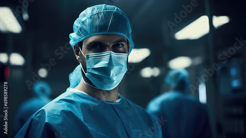 Photo of a surgeon in a face mask. AI generated.