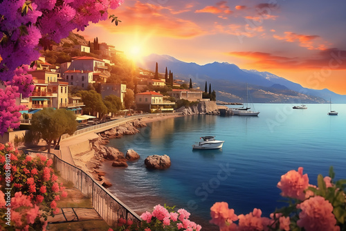 Mediterranean landscape. Seafront landscape with azalea flowers. French Riviera, view of stunning picturesque coastal town, sunrise #698589812
