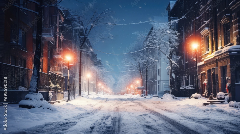 Beautiful night street in winter. AI generated.