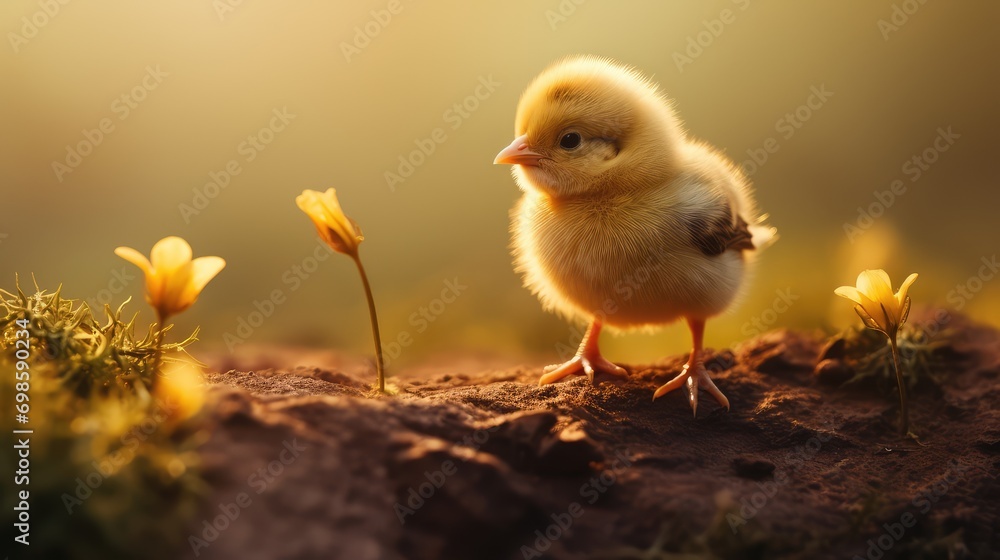 Tiny chicken on a blurred background. AI generated.